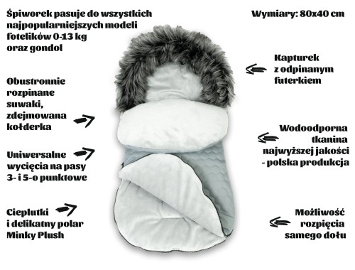 śpiworek do gondoli wózka fotelika 0-13 KiziaMizia szary pikowany opis POLSKI.jpg